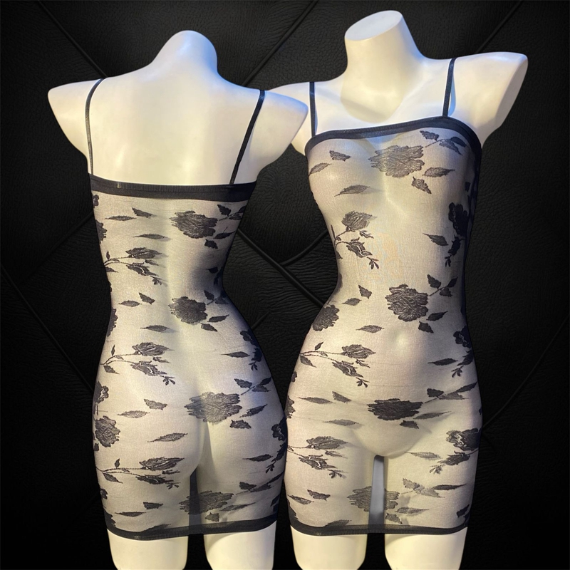 Lingerie Seksi Wanita Pola Mawar Rok ketat Stoking jala Baju Tidur Rok Mini tembus pandang A520