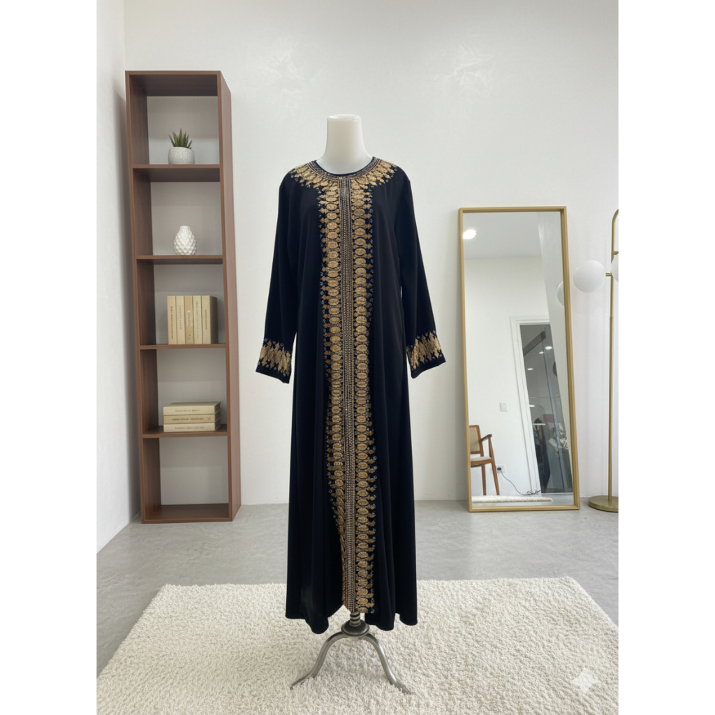 Abaya Turkey Hitam Mewah Bordir Emas / Gamis Pesta Elegan / Kaftan Premium Lebaran