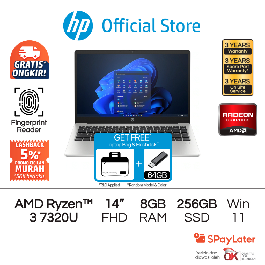 Laptop HP 245 G10 Ryzen 3 7300U Radeon 8GB RAM 256GB SSD Windows 11 14 Inch AMD Garansi 3 Tahun Prom