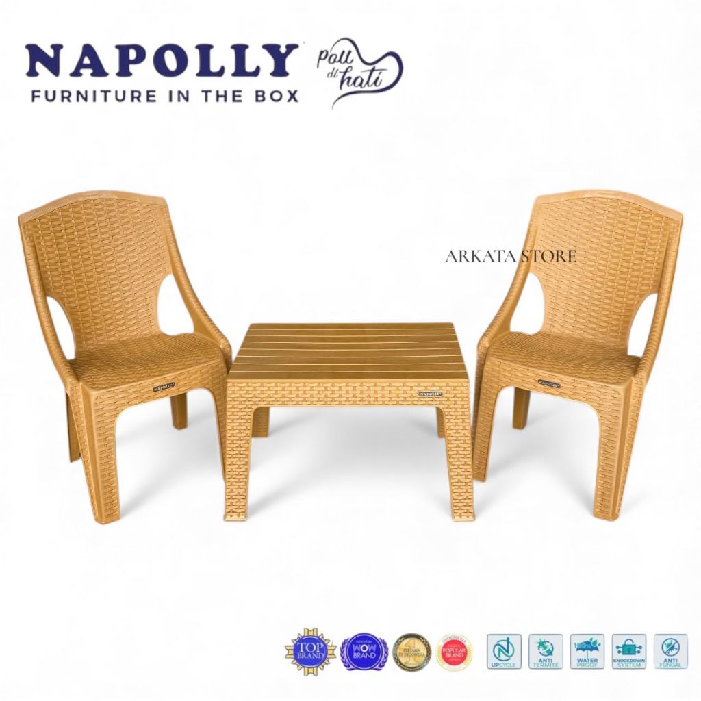 1 Set 2 Kursi Kursi Pangeran Napolly PRC-221 RA Kursi Sender Plastik Tangan + Meja Mapan Napolly