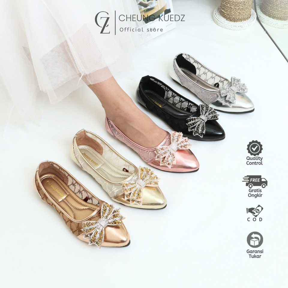 CZ - Cheung Kuedz Onhyx Flatshoes Wanita Naham Lace Brukat Motif dan aksesores Pita Manik