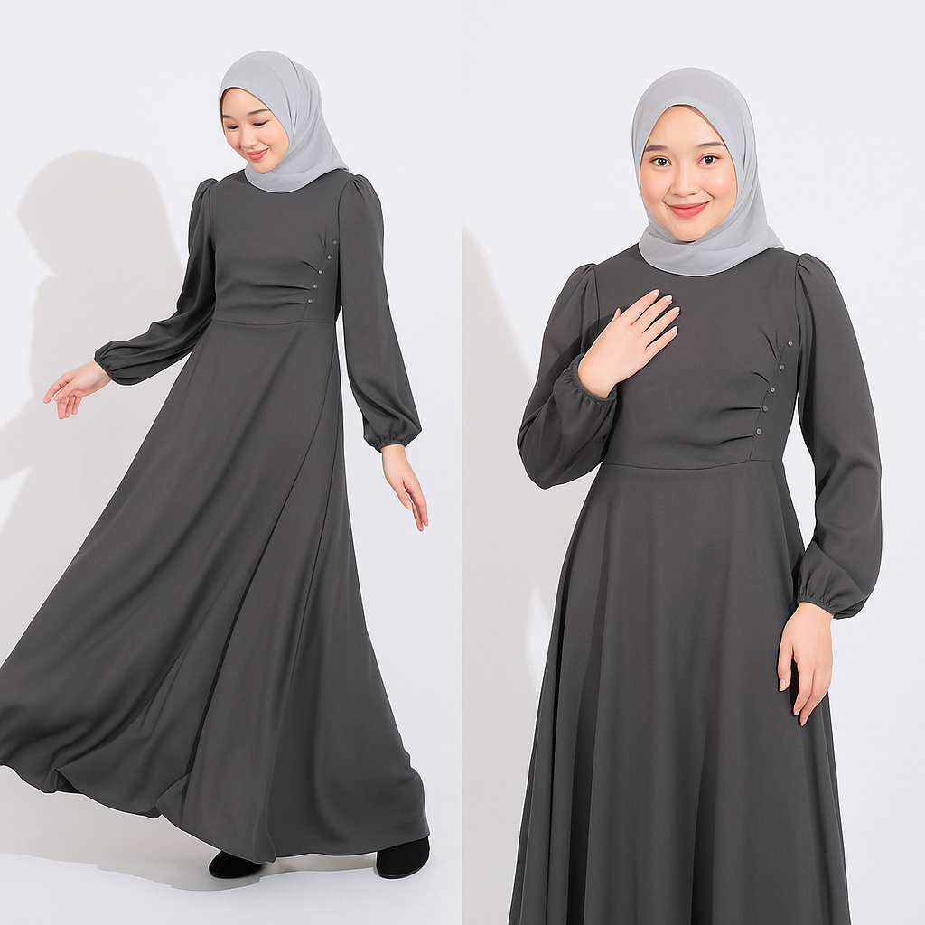 Naomi Dress Dark Grey V1 / Dress Rempel / Dress kondangan / Dress Ceruty Polos Hiasan Mutiara Putih