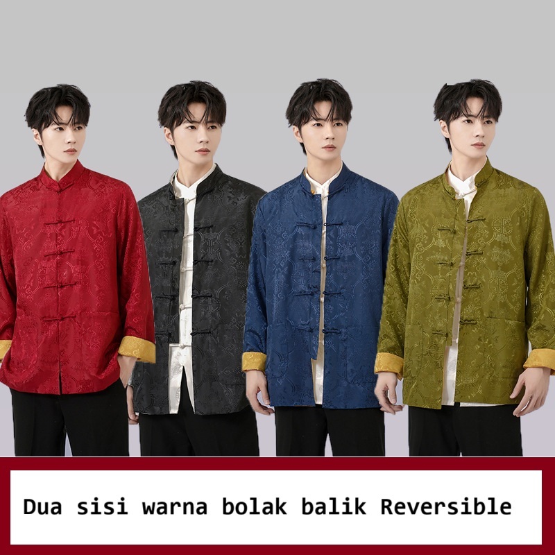 kemeja atasan imlek Pria dua sisi warna bolak balik Jaket tangan panjang Kostum gaya china