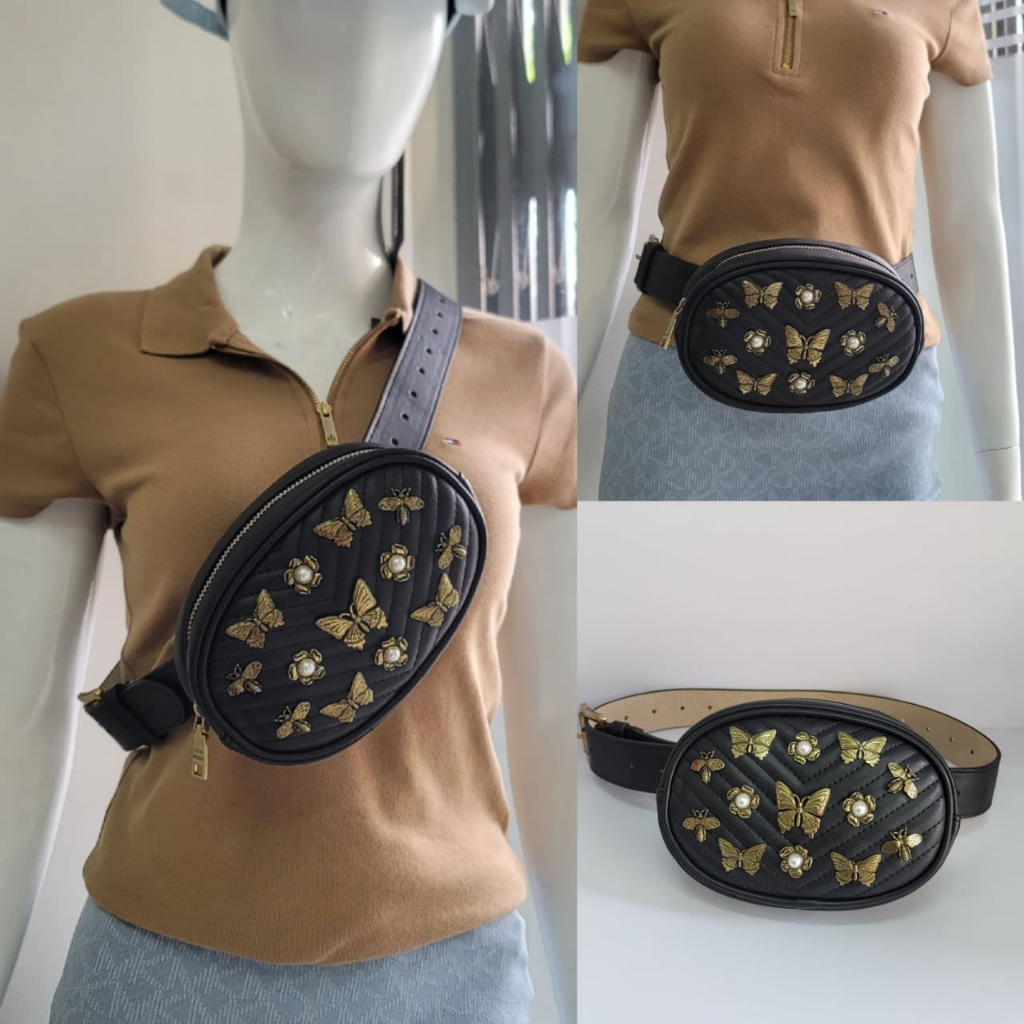 Tas Wanita Branded SM Butterfly Studded Fanny Pack Waist Belt Bag