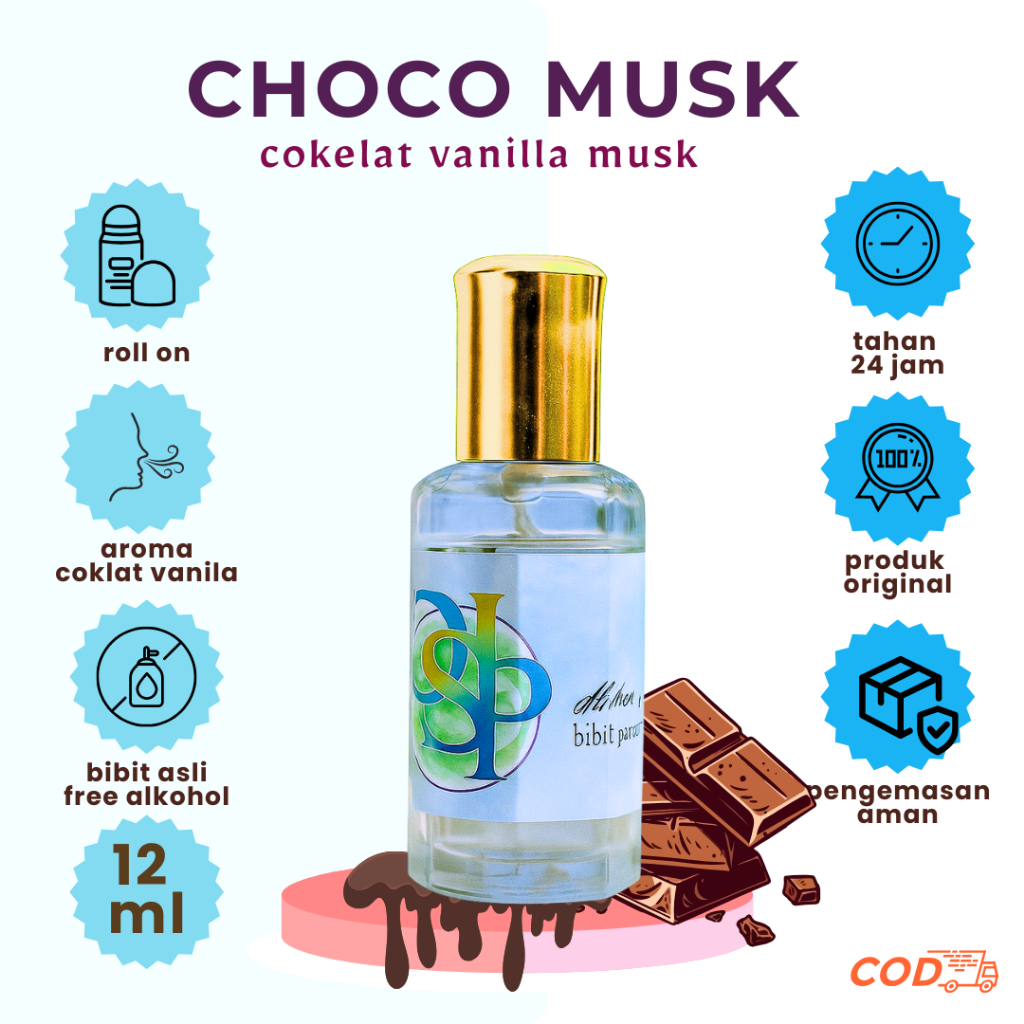 Parfum Roll On Choco Musk 12ml & 6ml – Bibit Parfum Coklat Lembut Vanilla Aroma Manis Hangat Unisex