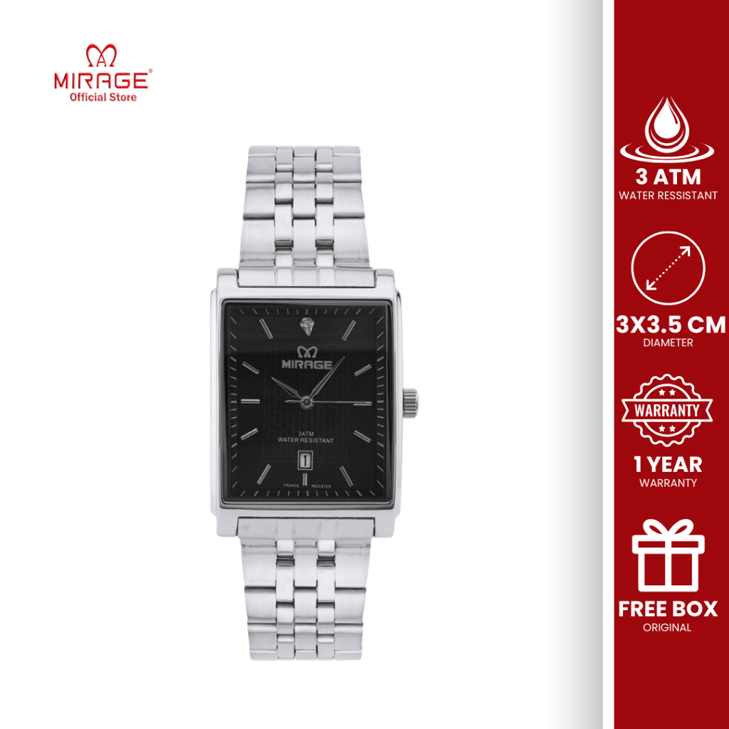 Mirage Jam Tangan Pria Analog Kasual Segi Klasik Kasual Formal Anti Air Steel Silver Original 8667 M