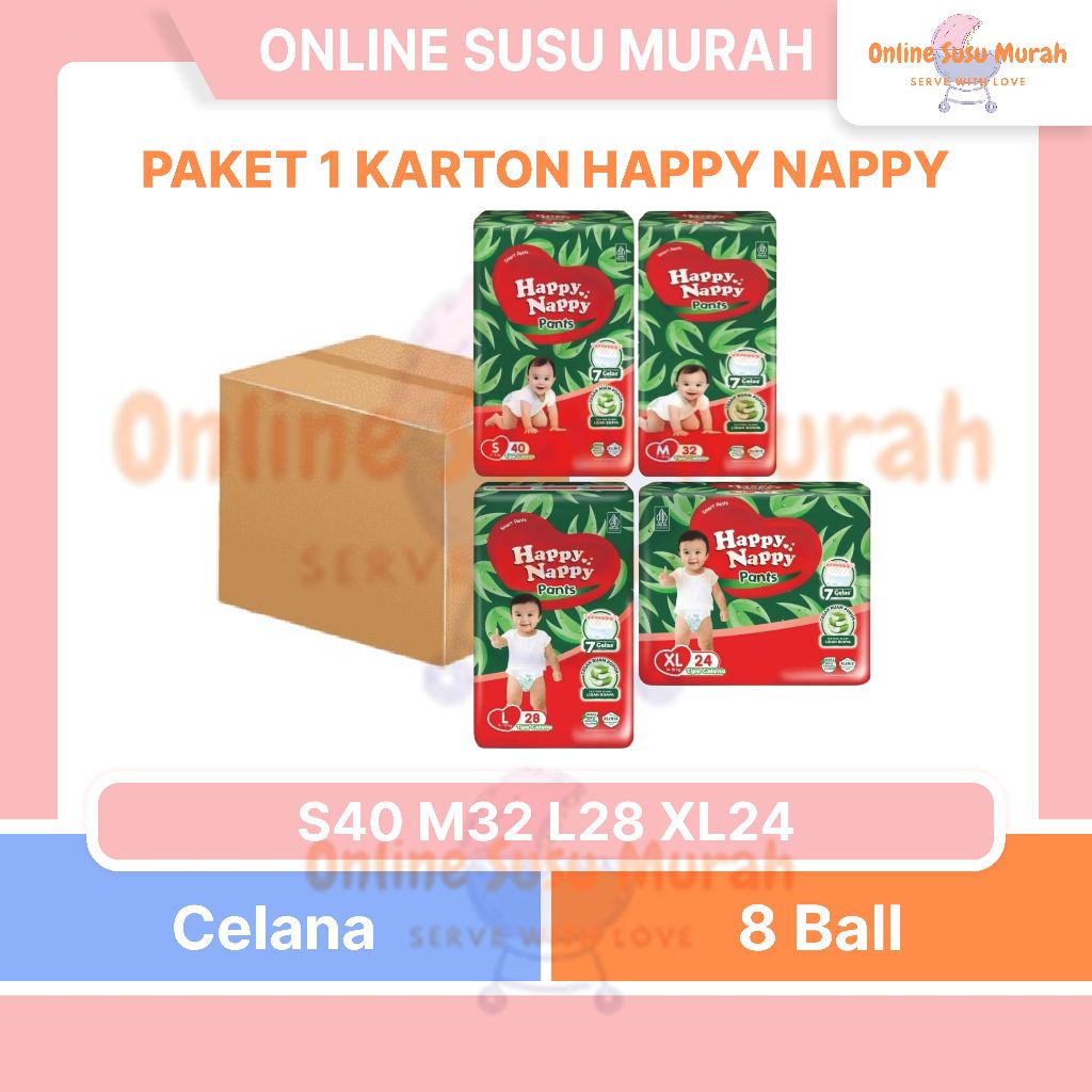 HAPPY NAPPY PAKET 8 BALL / 1 KARTON S40 M32 L28 XL24 SMART PANTS S 40 M 32 L 28 XL 24 PPKS