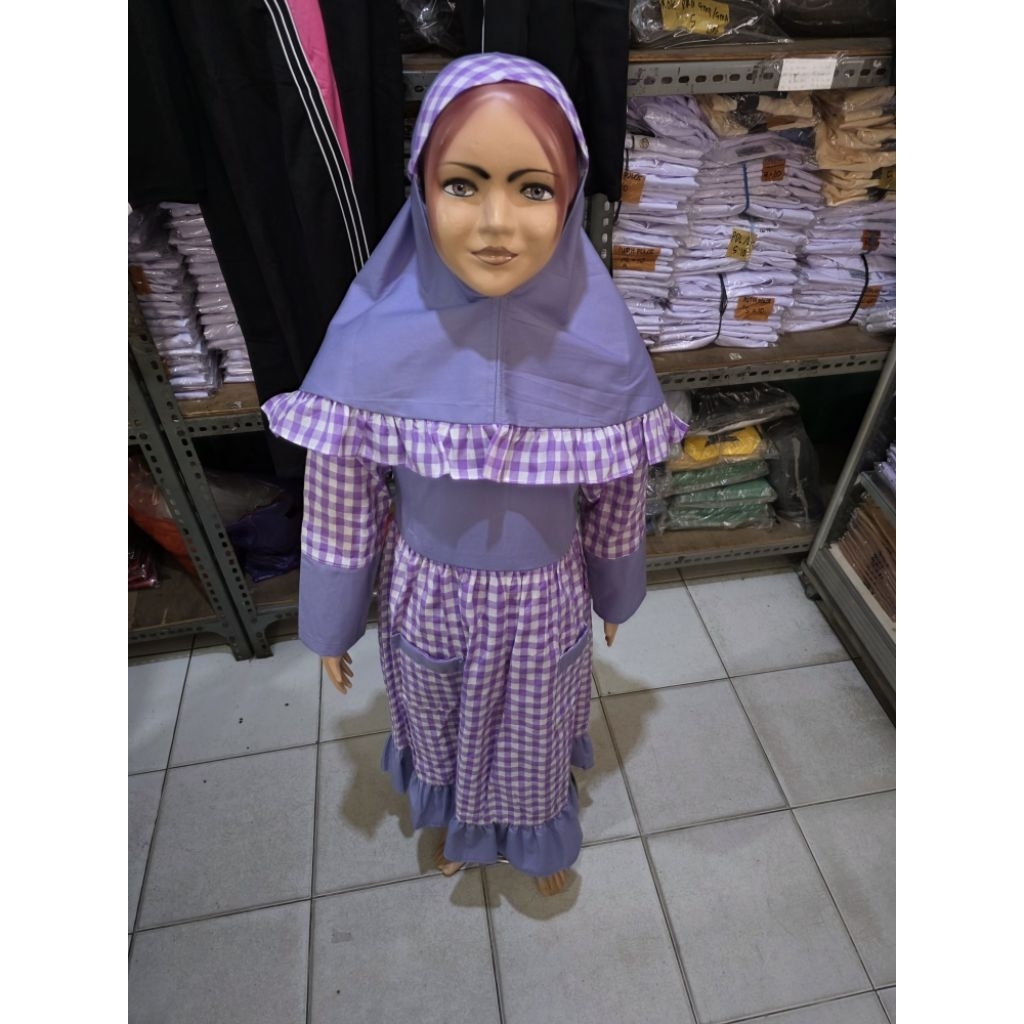 Baju muslim anak kotak kotak/Gamis anak perempuan warna ungu kotak kotak