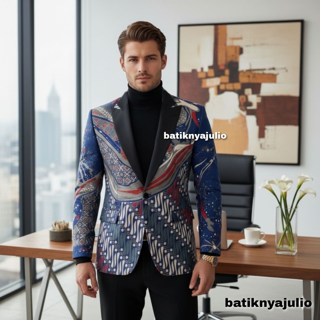 jas batik pria blazer batik premium batiknyajulio dl 1 limited edition biru
