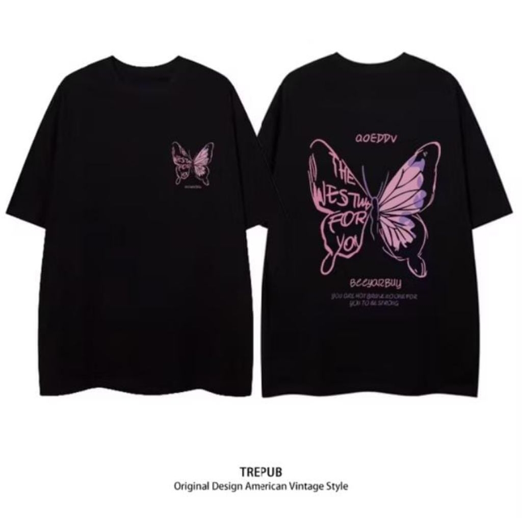 T-shirt Oversize Pink Butterfly On The Black Baju Kaos Korean