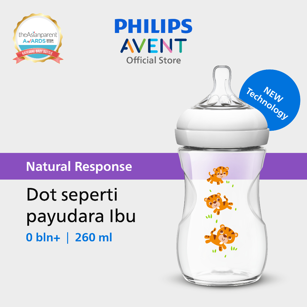 Philips Avent | Botol Susu Bayi | Natural | Dot Tidak Bingung Putting | 260 ml | Decorative Tiger | 