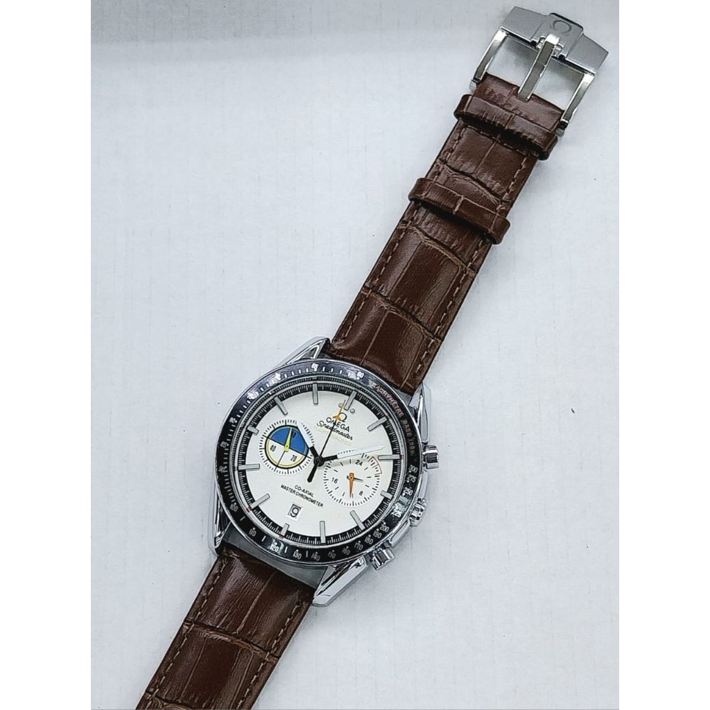 BISA COD. Jam Tangan Pria - OM Speed Master - Tali Kulit - Tanggal & Chrono Aktif - Diameter 4,3mm -