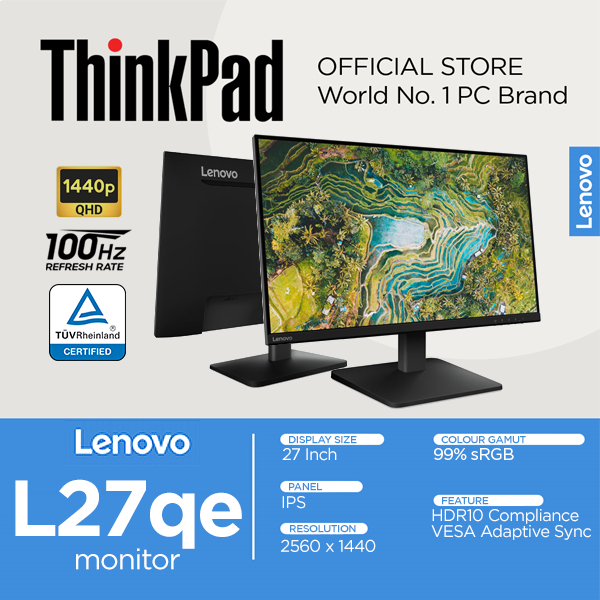 Lenovo  L27QE Monitor 27 inch IPS 2K 1440P 100HZ 4MS 16:9 99% sRGB 109 dpi VESA mount 68C8GAC3WW