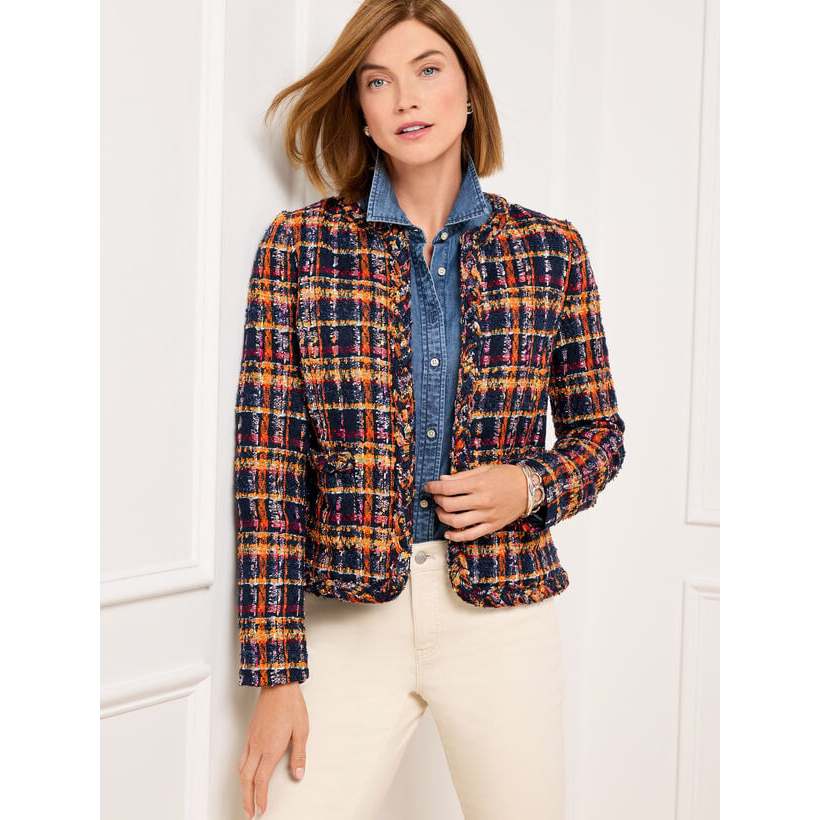 BLAZER TWEED SUNFLOWERS PLAID NAVY TALBOTS