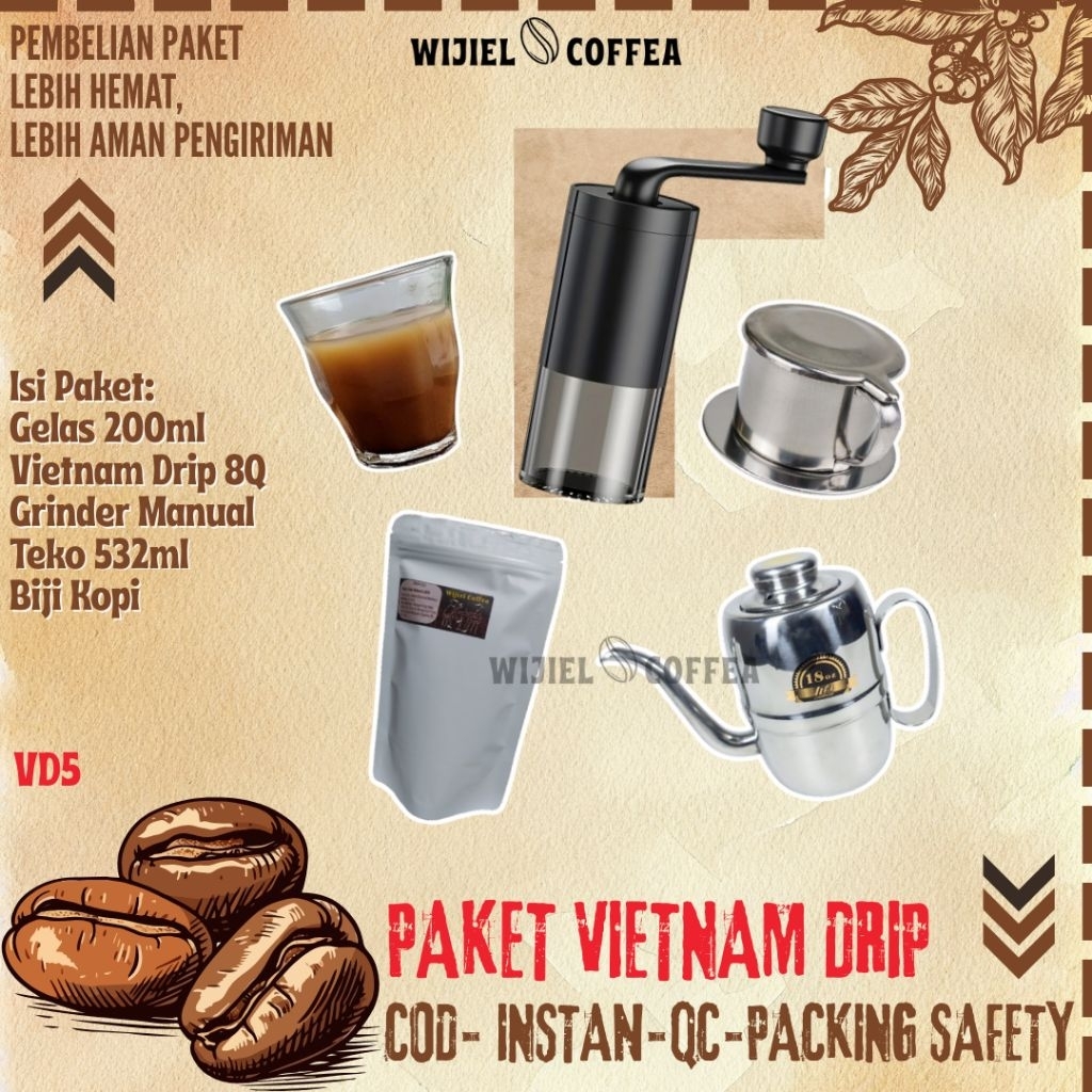 PAKET HEMAT VIETNAM DRIP COFFEE + TEKO LEHER ANGSA + GRINDER MANUAL KOPI + GELAS KOPI + BIJI KOPI + 