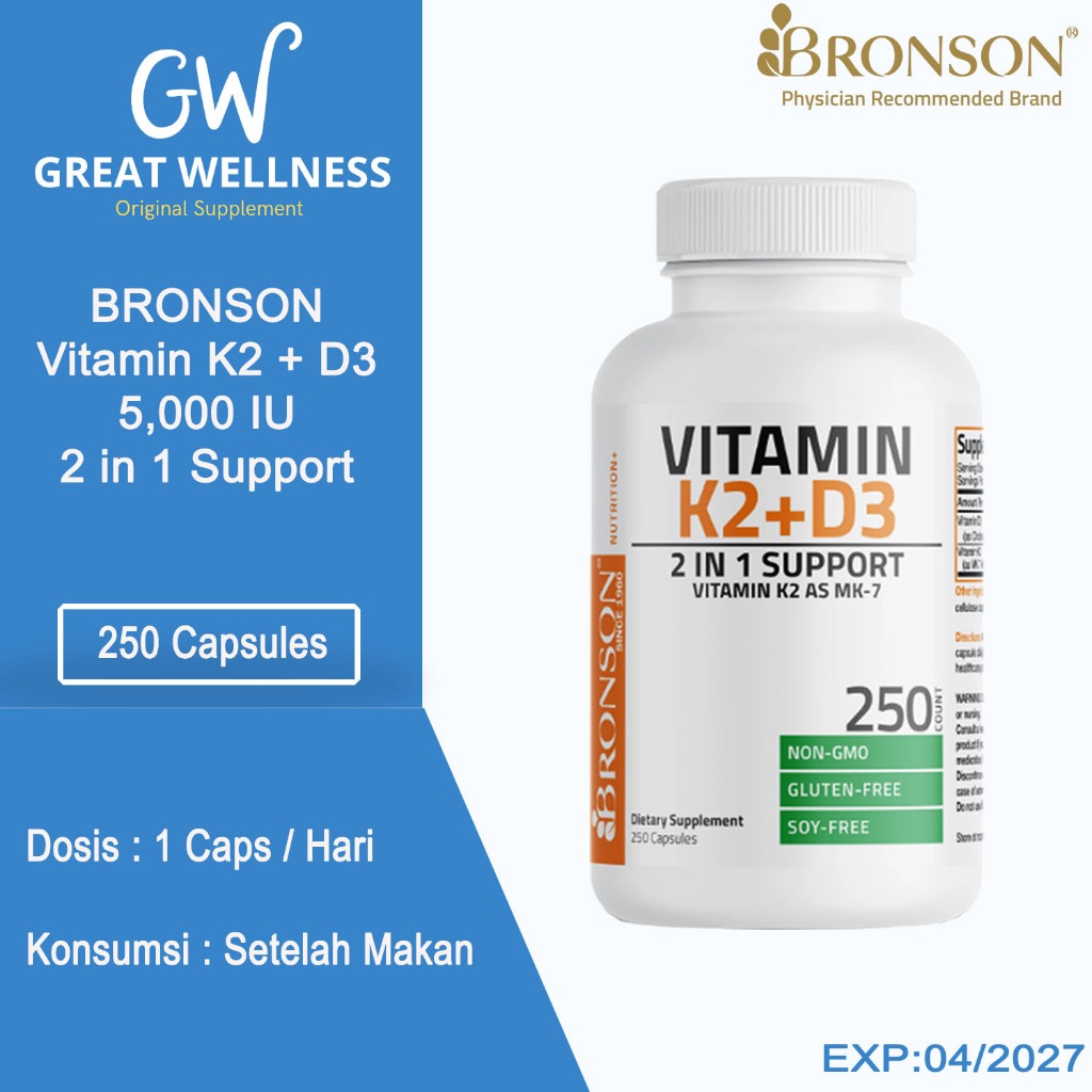 (DIJAMIN ORIGINAL) BRONSON Vitamin K2 MK-7 Plus Vitamin D3 (5000 IU) - 250 Kapsul