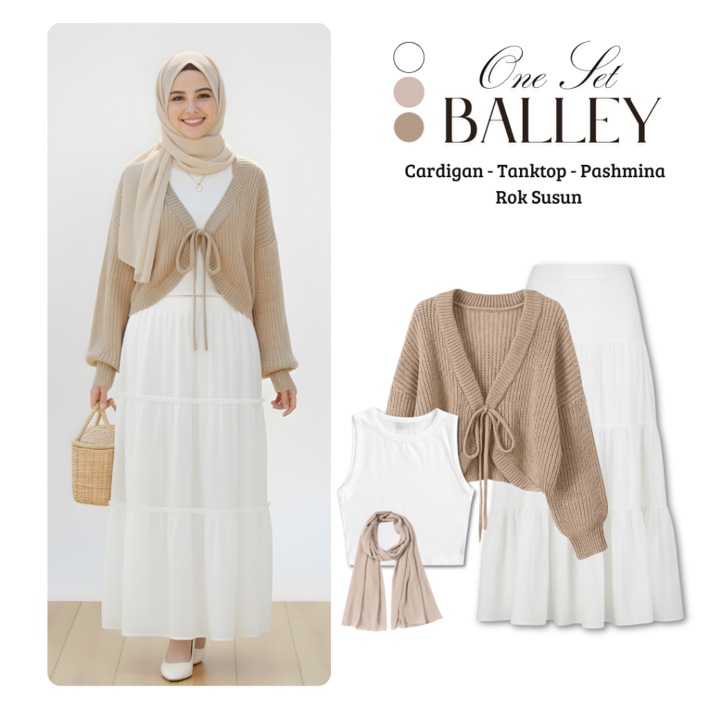 Balley One Set 4in1 Setelan Outfit Korean Style Muslim | Cardigan Rajut Tali - Tanktop - Rok Susun P