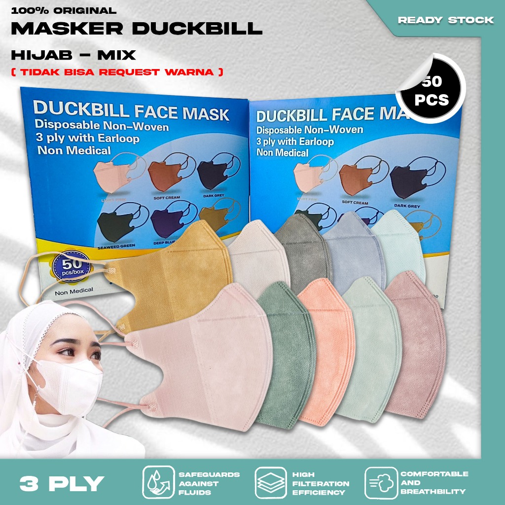 Masker Duckbil Hijab FACEMASK 3Ply isi 50Pcs Warna Mix Soft Nude Duckbill 3 Ply Headloop Surgical Ma