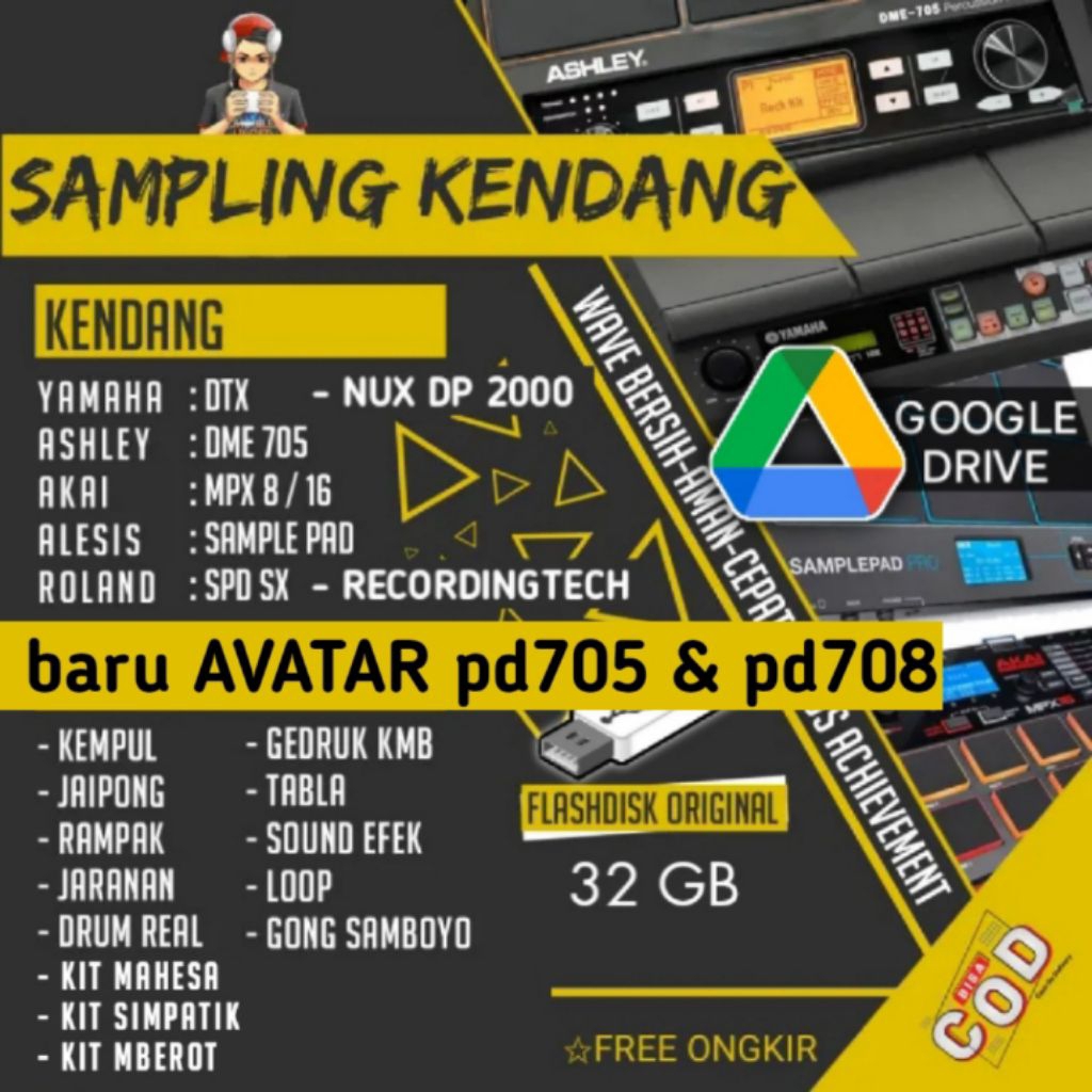 Sampling wav Kendang untuk DTX - ASHLEY - AVATAR - AKAI - ALESIS - NUX. flashdisk 32 GB full