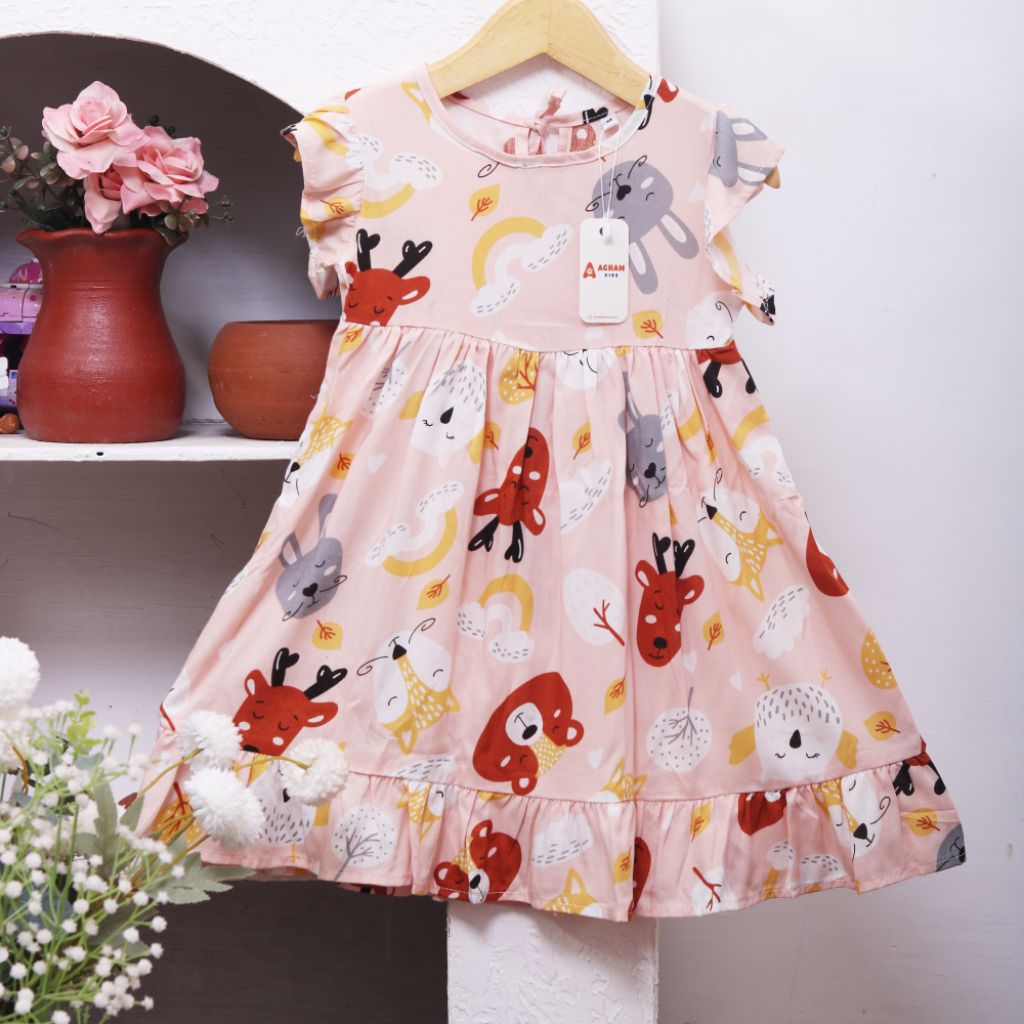 Daster Anak Cilla Dress by Achan Kids Motif Cute Peach | Dress Anak Perempuan Usia 1-4 Tahun Bahan R
