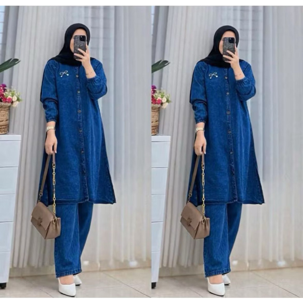 [COD] Jammi Set Tunik Top Celana Setelan Wanita Jeans Jins Denim Terbaru