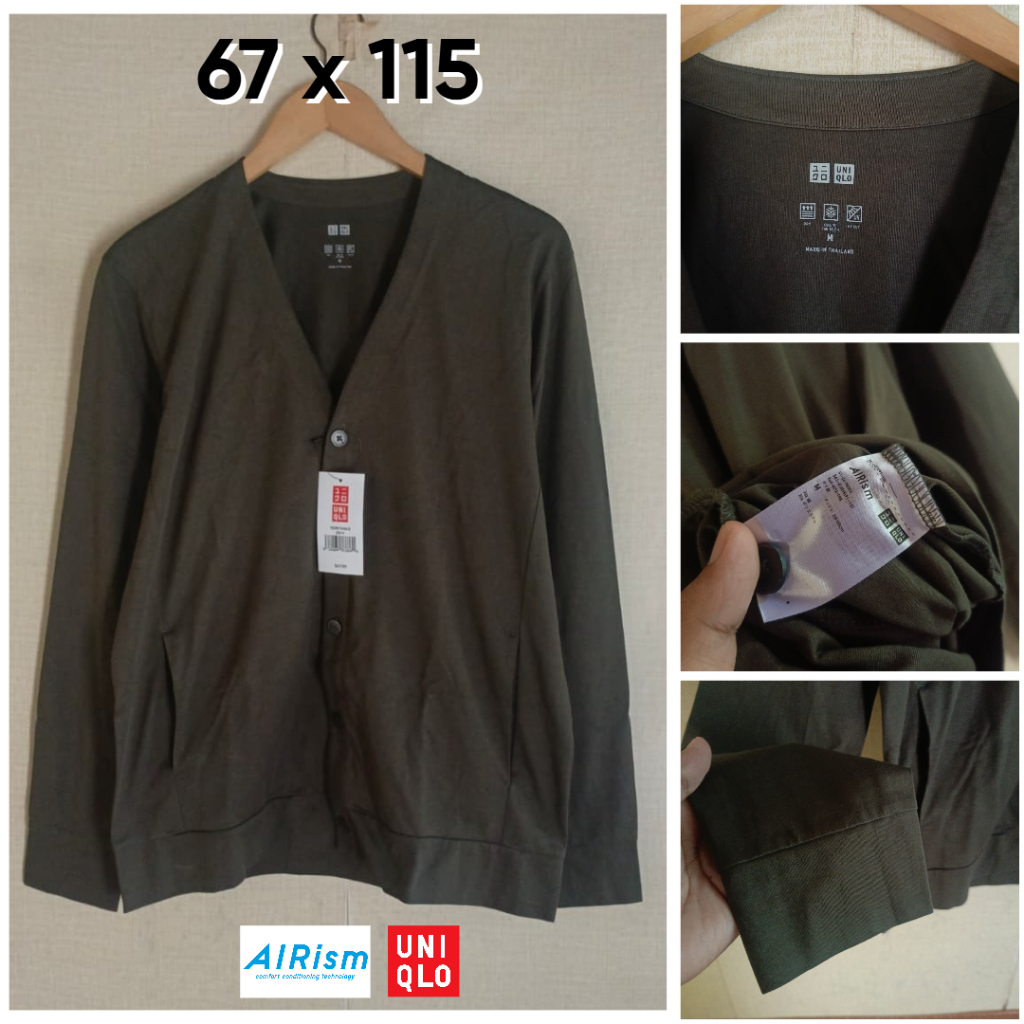 Cardigan UNIQLO Airism Hijau Army V Neck Size M Pria Wanita Pocket Atasan Unisex OB848