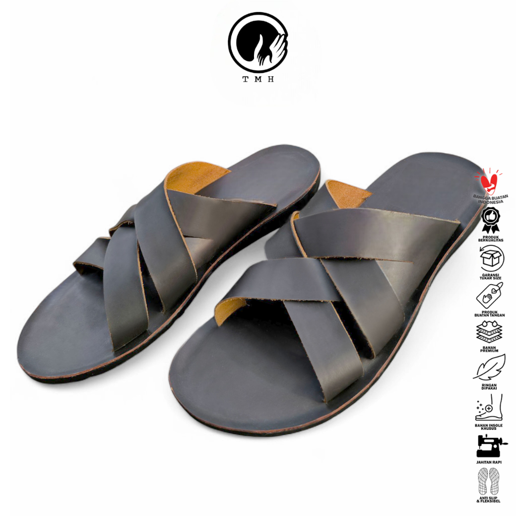 TMH Sandal Pria Sandal Cowok (Sandal Kulit Sapi) Sandal Slide SD-21 Kulit Sapi Asli