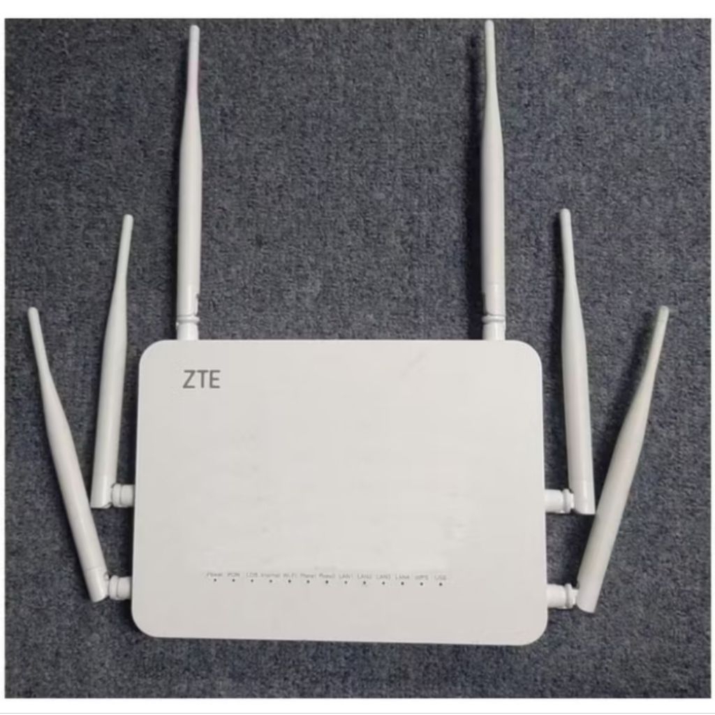 MODEM / ONT ZTE PREMIUM GPON F670 ANTENA 6 & 3 PORT BIRU DUAL BAND + ADAPTOR + KABEL LAN
