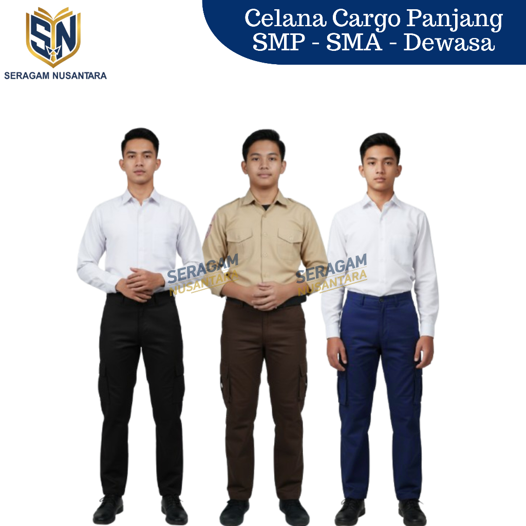 Seragam Nusantara – Celana PDL Cargo SMP SMA Umum Saku 6 Warna Coklat Pramuka Hitam Navy