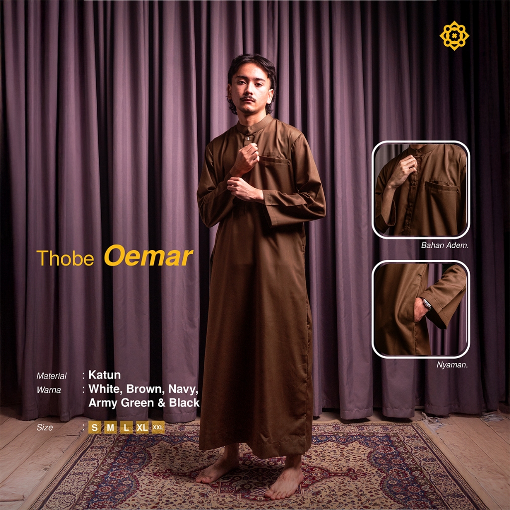 ElRaqi - Thobe Oemar Brown | Baju Koko Pria Lengan Panjang Premium | Gamis Pria Modern Brown