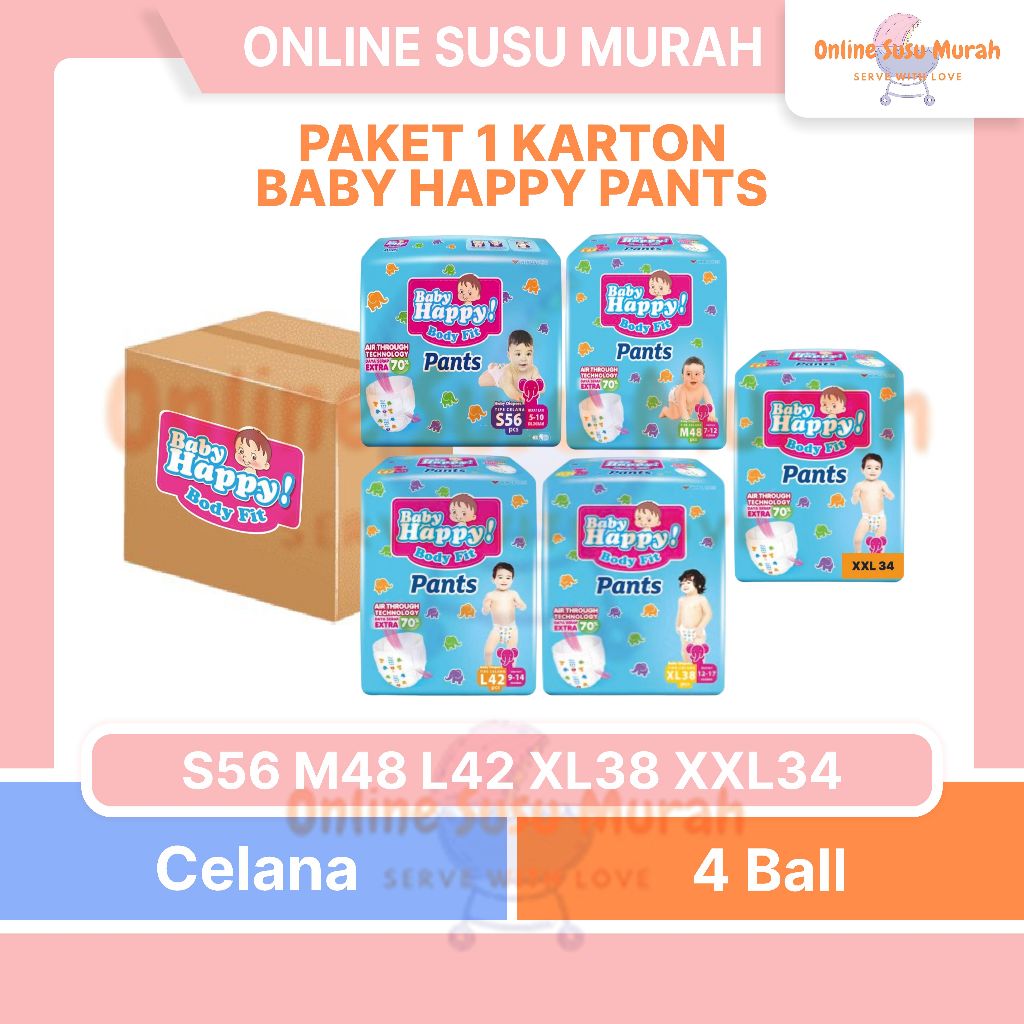BABY HAPPY PANTS S 56 M 48 L 42 XL 38 XXL 34 PAKET 4 BALL / 1 KARTON PPKS