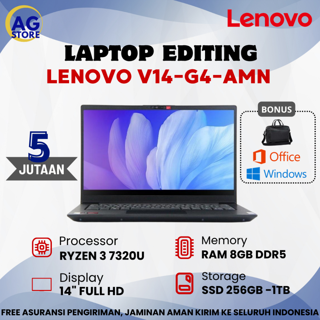 BARU Laptop Lenovo V14 - AMN Ryzen 3 - 7320U Ram 8Gb Ddr5 Ssd 1Tb Nvme 14" FHD - Laptop editing