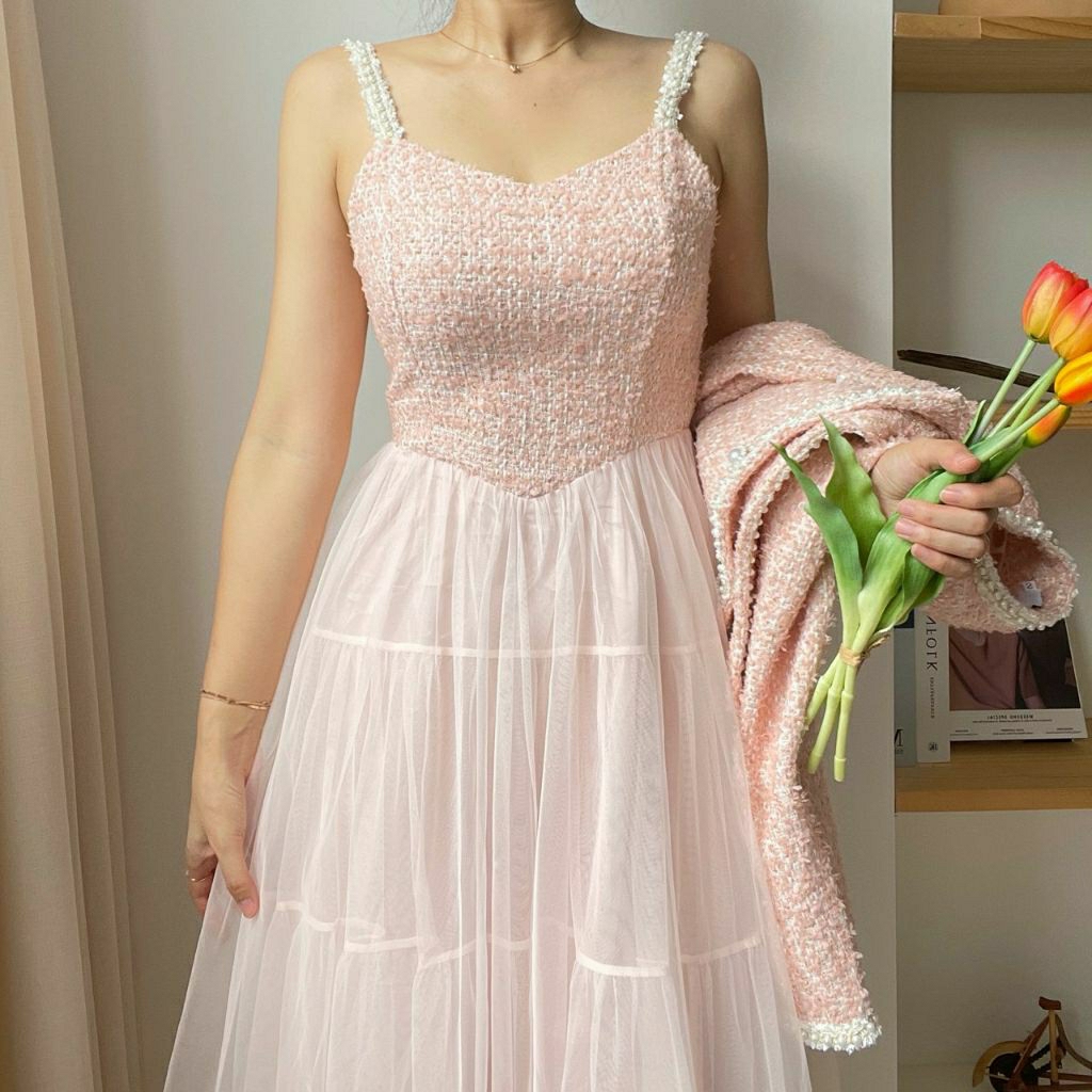 TWEED PINK OVERALL MIDI DRESS TILE KOREA