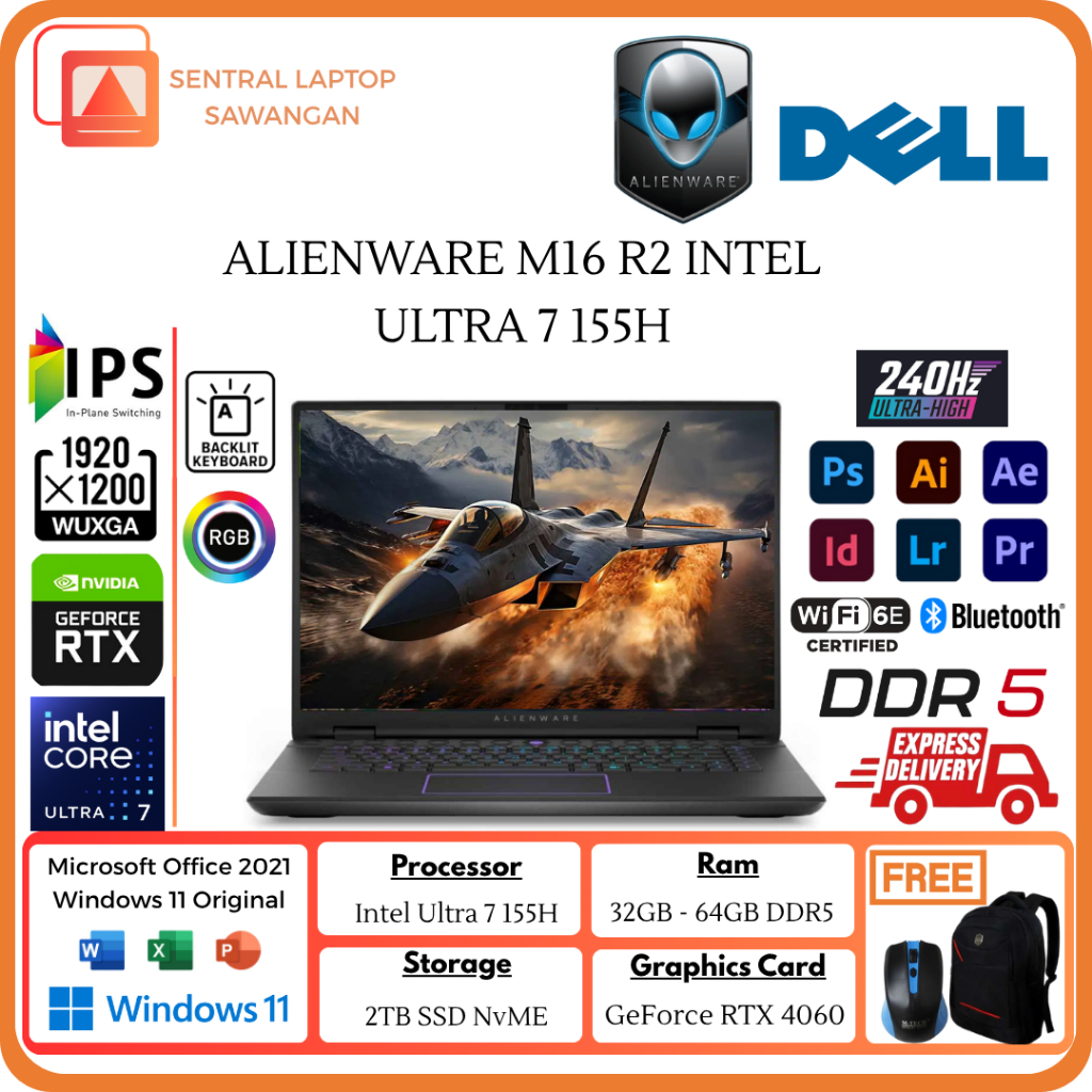 Alienware Laptop M16 R2 Intel Core Ultra 7 155H 64GB 2TB SSD RTX4060 16.0 Inch WQXGA IPS 240Hz RGB
