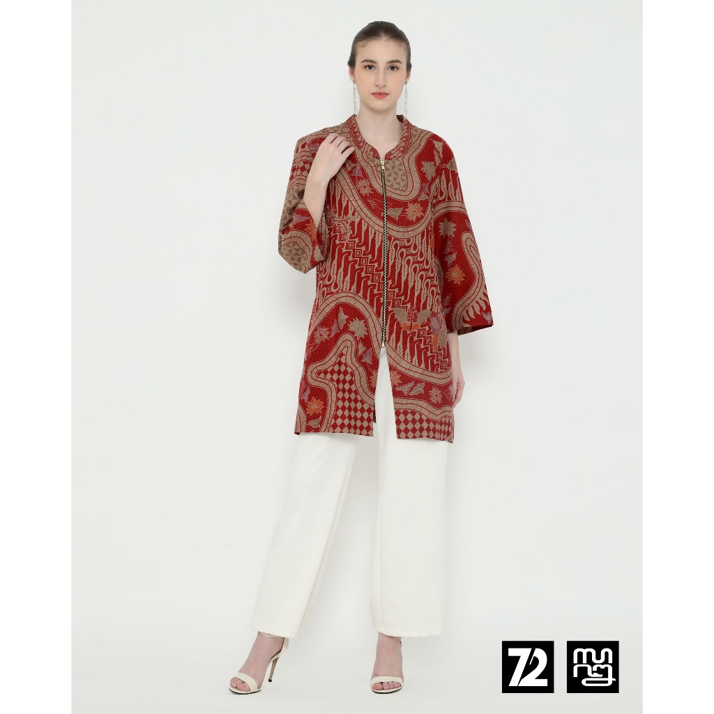 TUNIK BATIK PREMIUM Bahan Dobby Premium Motif Parang Kupu Warna Merah Coklat 725927