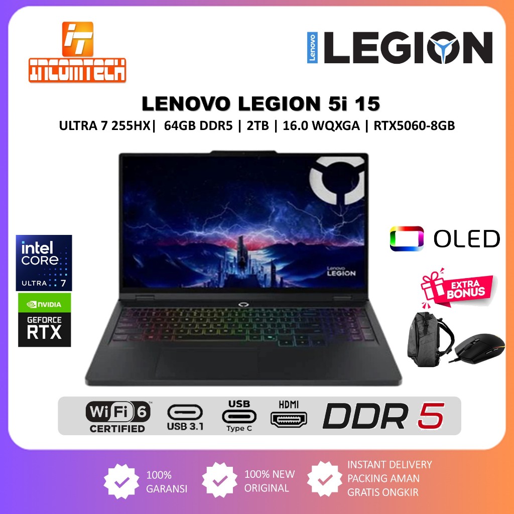 Lenovo Legion 5 PRO 16 INTEL ULTRA 7 255HX Ram 64GB DDR5 2TB SSD RTX5060-8GB OLED 100% SRGB 165Hz
