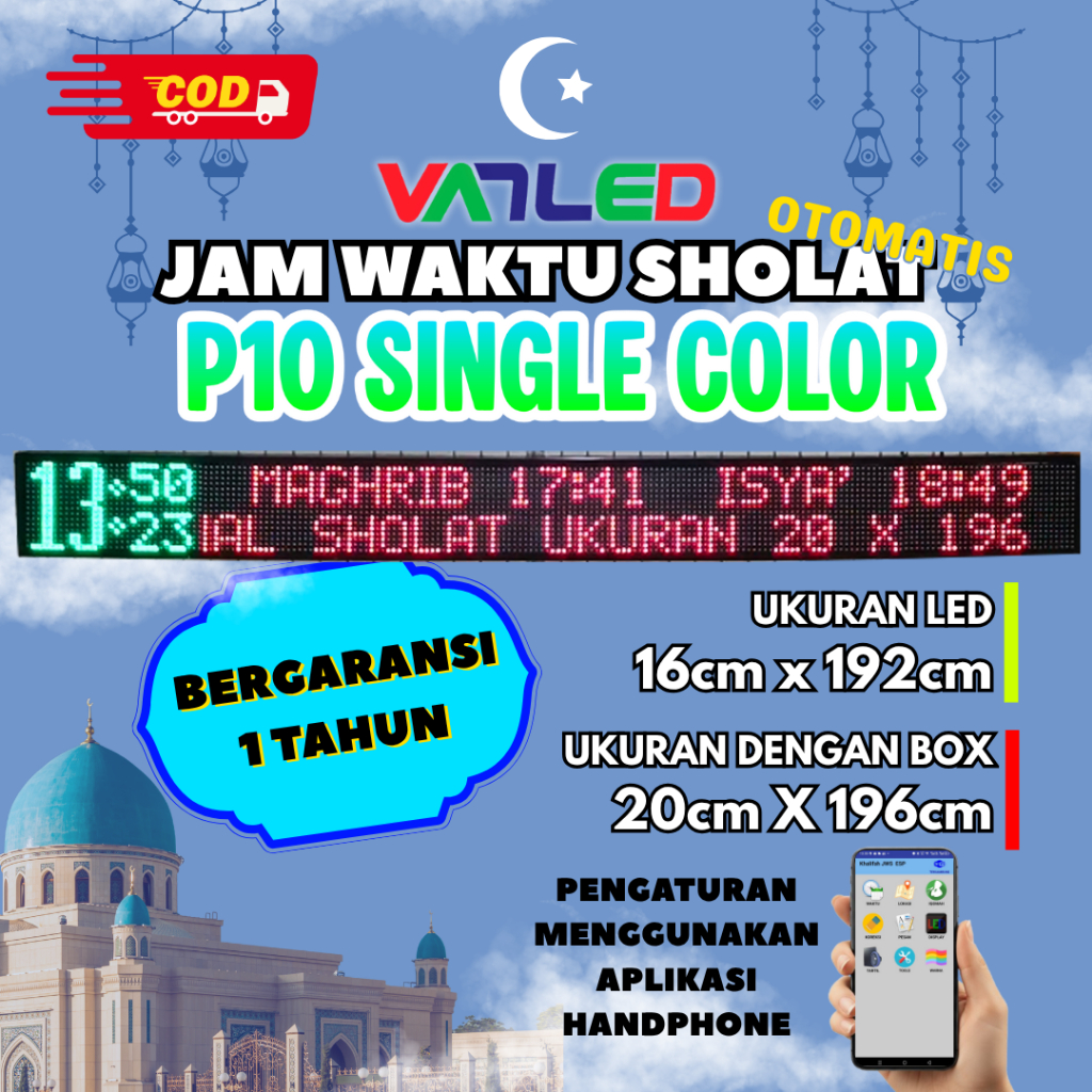 Jam Sholat Digital Masjid Jam Waktu Sholat Digital Masjid WARNA MERAH HIJAU Uk. 20X196cm