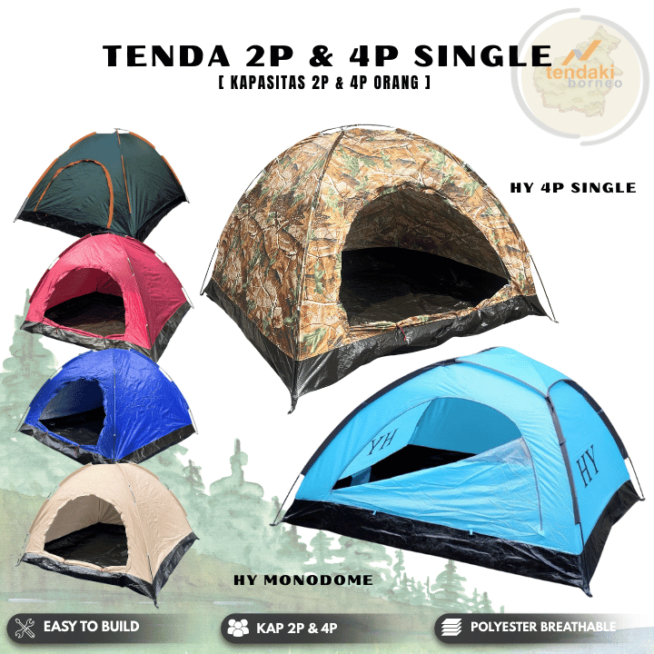 Tenda Camping Gunung HY Monodome Waterproof Single Layer 2-3P Dan 4P Tent Outdoor Frame Fiber