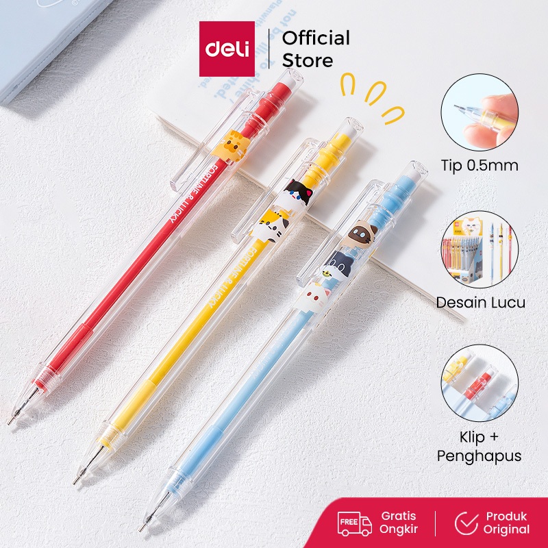 Deli Pensil Mekanik / Mechanical Pencil 0.5mm Desain Lucu Transparan Dengan Penghapus SH347