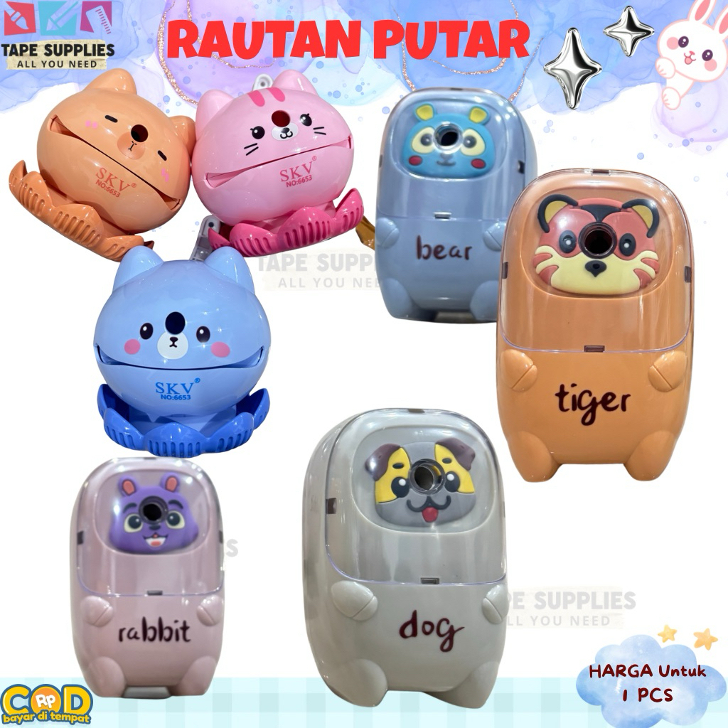 Rautan Pensil Putar Karakter Hewan Lucu