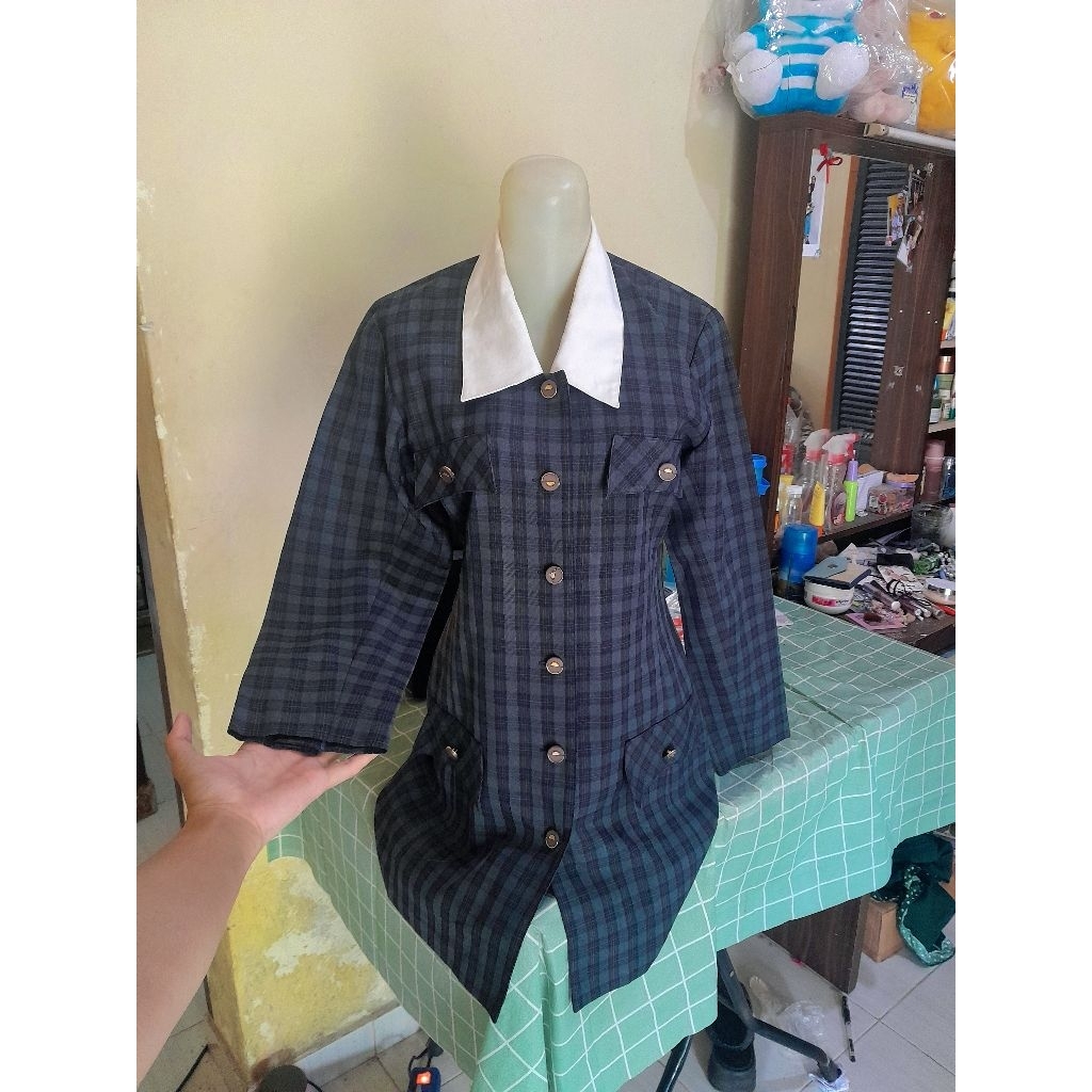 long kemeja blazer vintage kotak kotak hitam