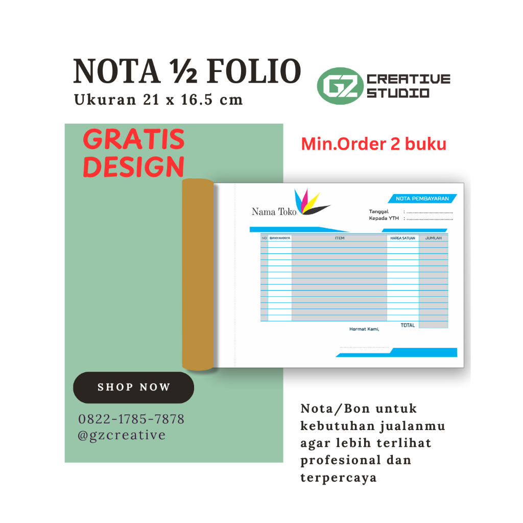 Cetak NOTA ONLINE SHOP FREE DESIGN / NOTA OLSHOP / NOTA COSTUM ukuran 1/2 folio