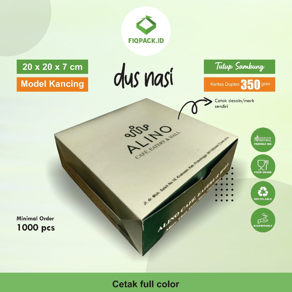 Cetak Custom Dus / Kotak Nasi Ukuran 20 x 20 x 7 cm (tutup nyambung Full Color