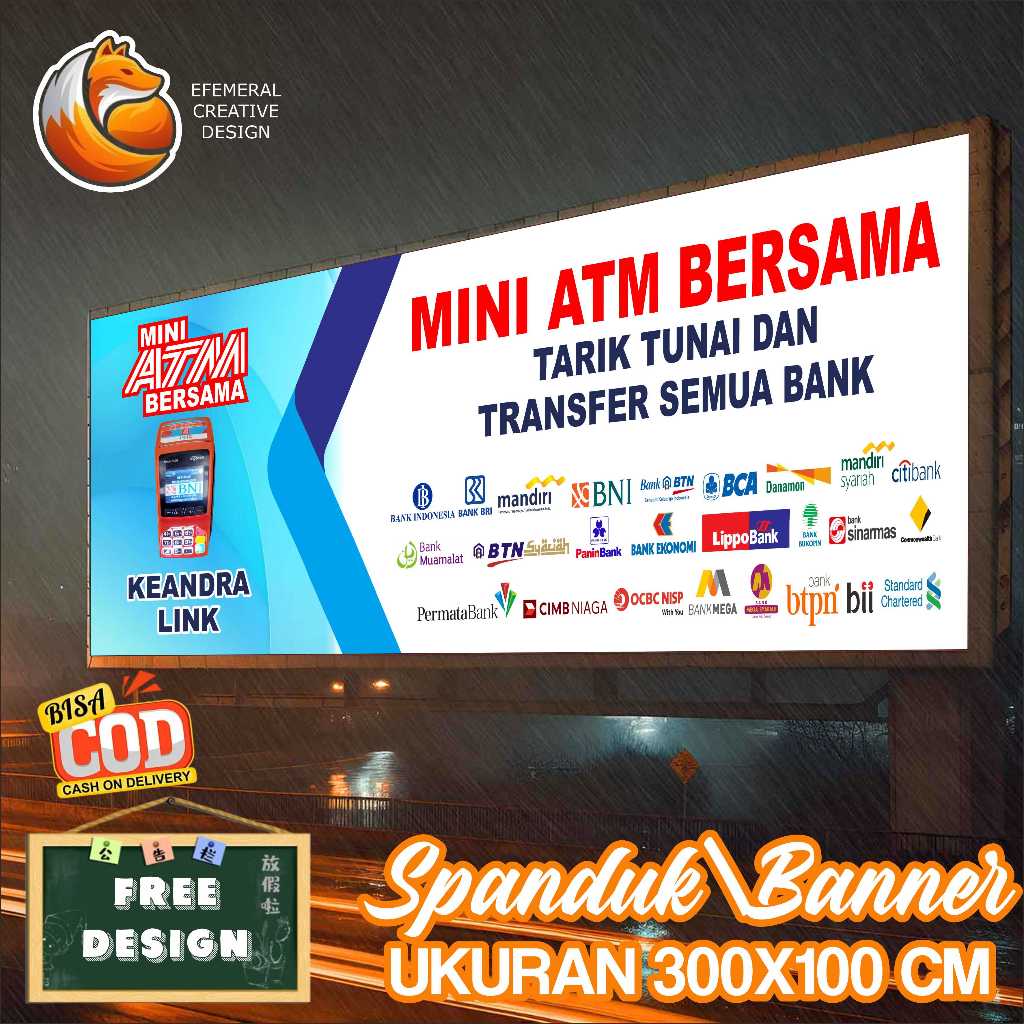 Cetak Spanduk Banner Mini Atm Bersama 300X100 Cm Free Desain Dan Ukuran