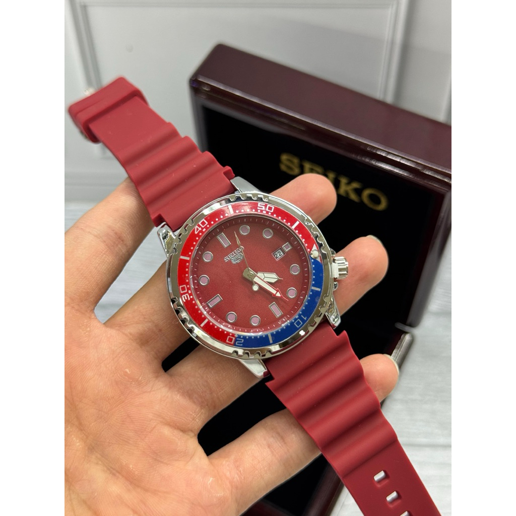 JAM TANGAN PRIA SEIKO 5 PEPSI TALI KARET RUBBER RING PUTAR