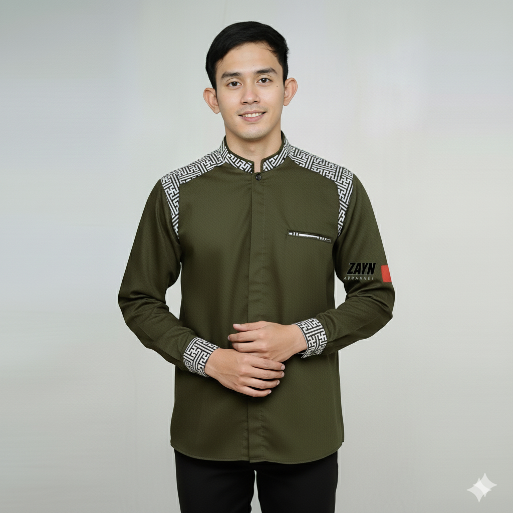 Baju Koko Pria Lengan Panjang Motif Araseo Warna Hijau Army Kombinasi Batik