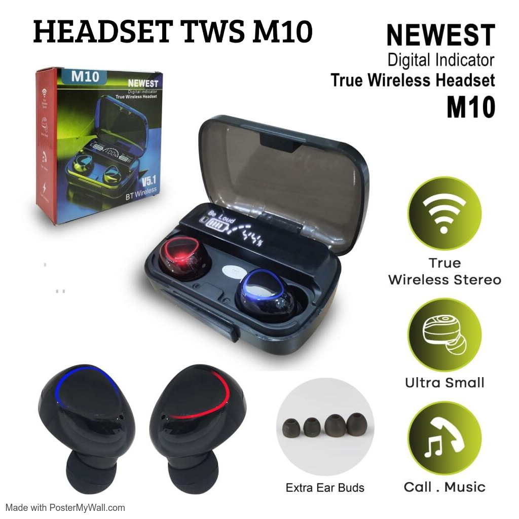 Headset Bluetooth Modern TWS M10 Earphone Gaming Digital Suara Jernih