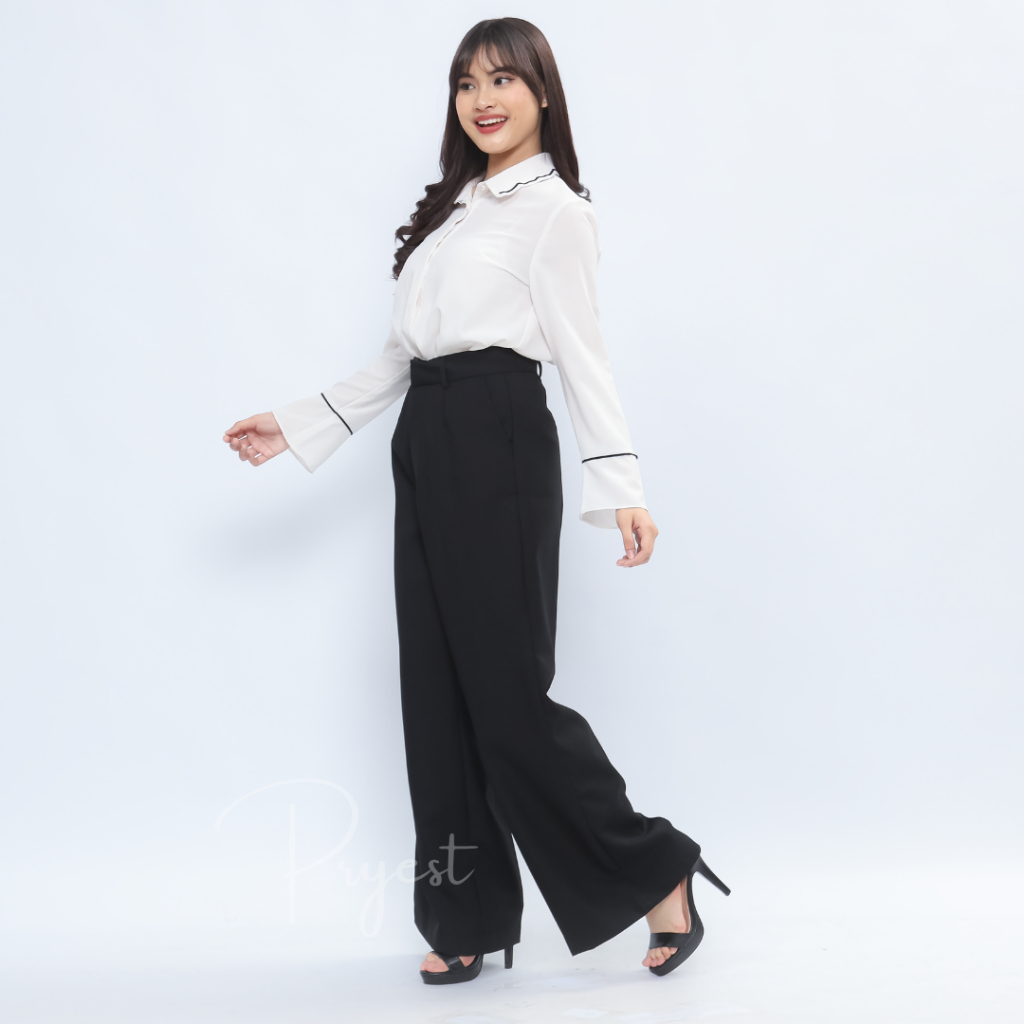 PRYEST FOR FEMME - Celana Bahan Panjang Wanita Cutbray Hitam Premium