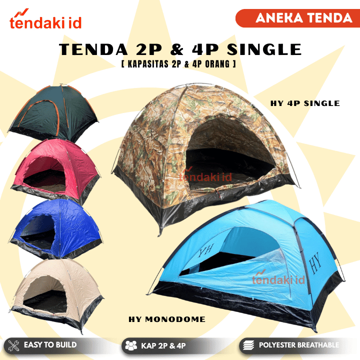 Tenda Camping Gunung HY Monodome Waterproof Single Layer 2-3P Dan 4P Tent Outdoor Frame Fiber