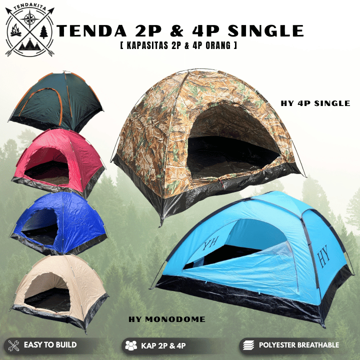 Tenda Camping Gunung HY Monodome Waterproof Single Layer 2-3P Dan 4P Tent Outdoor Frame Fiber